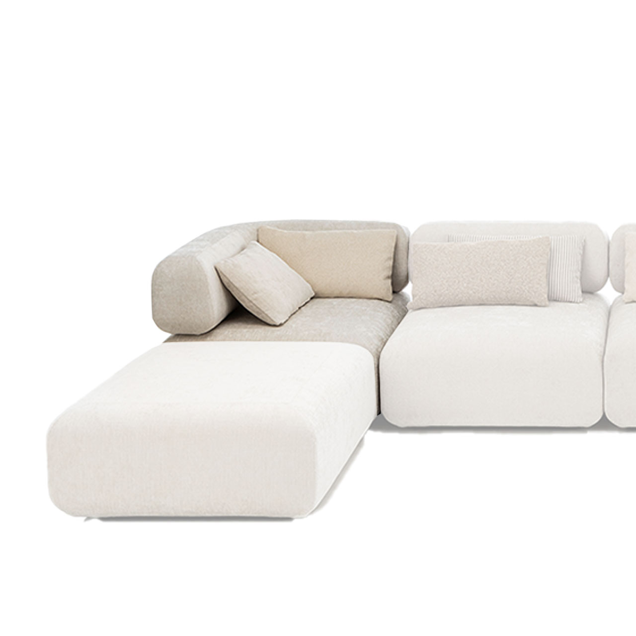 Eckelement all together 73650 U-förmige beige Sitzgarnitur der Serie all together. Das Eckelement hinten links wurde farblich hervorgehoben.