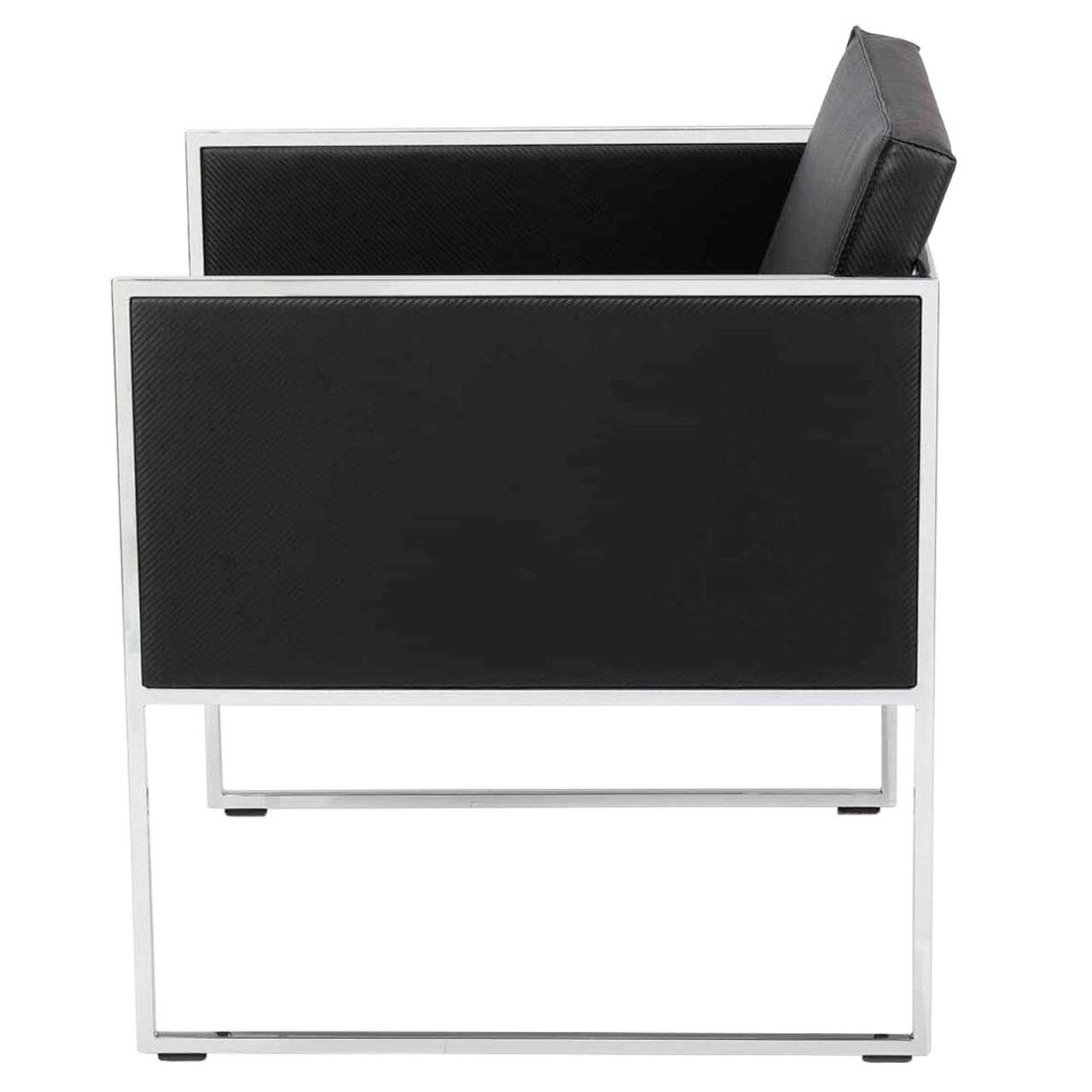 brühl grace metal 68012 Filigraner Sessel mit chrom glänzendem Untergestell und mit schwarzem Leder bezogen. Die Seiten sind geschlossen.