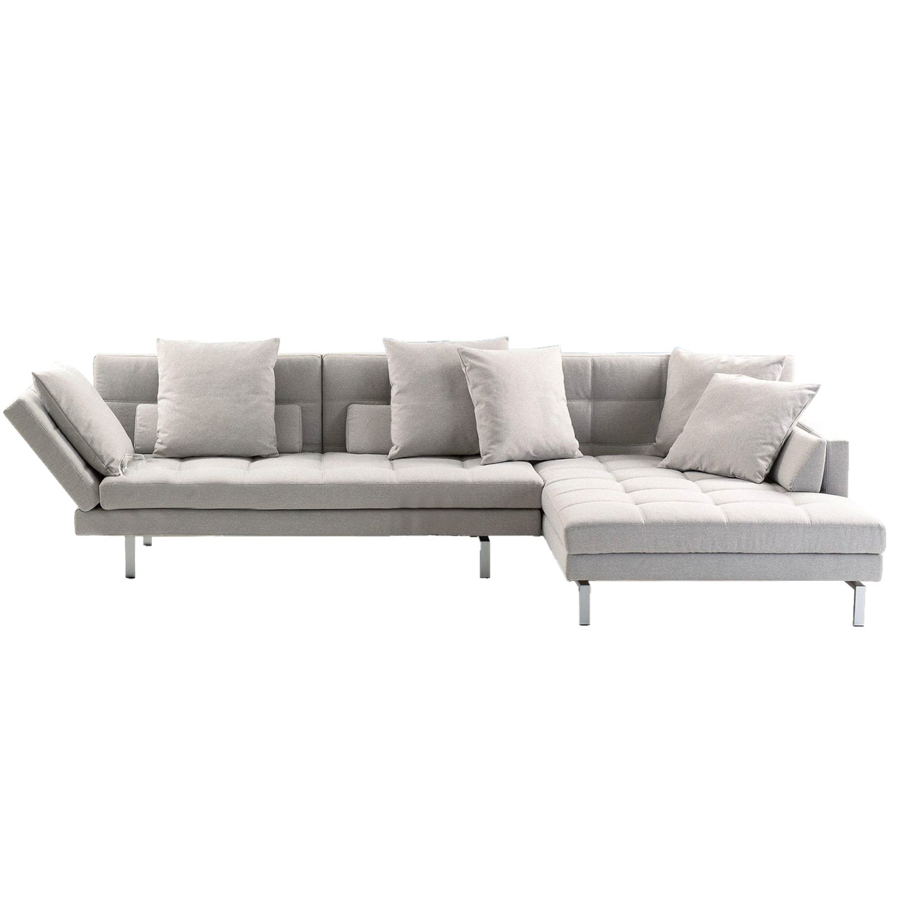 brühl amber Garnitur Graue Eckgarnitur mit schmaler hohen Armlehne links und breitem Longchair rechts.