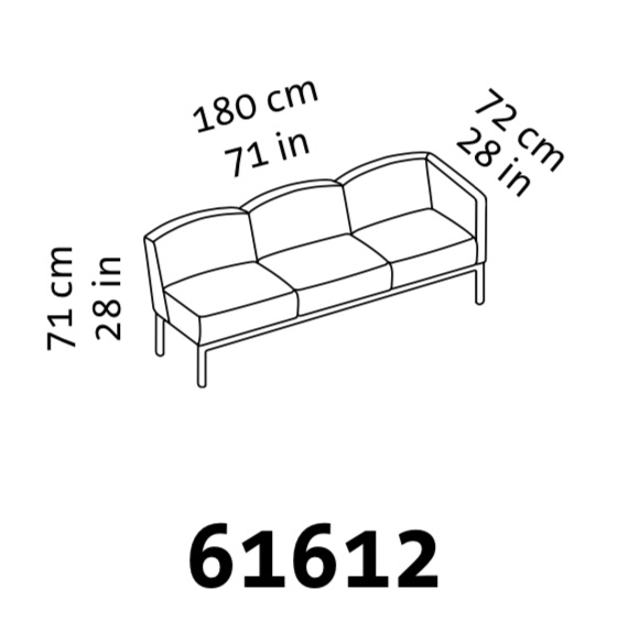 Maßzeichnung brühl add1 3-Sitzer 61612 Maßzeichnung eines dreisitzigen Sofas mit einer Armlehne rechts.