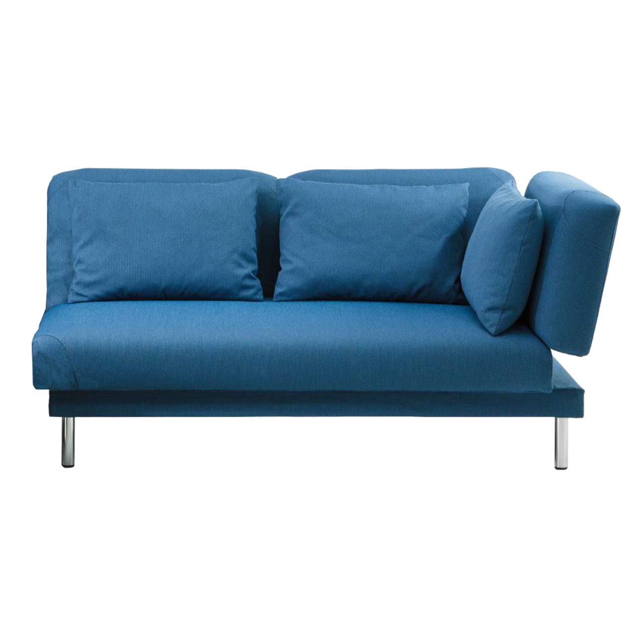 brühl tam 55250 Openend in blauem Stoff mit Füßen in chrom, links offen mit 3 Kissen.