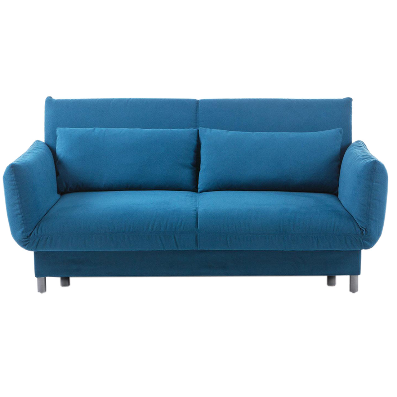 brühl camp 63616 Ein blaues Bettsofa. Die Füße sind chrom glänzend. Auf dem Sofa liegen zwei rechteckige Kissen im gleichen Stoff.