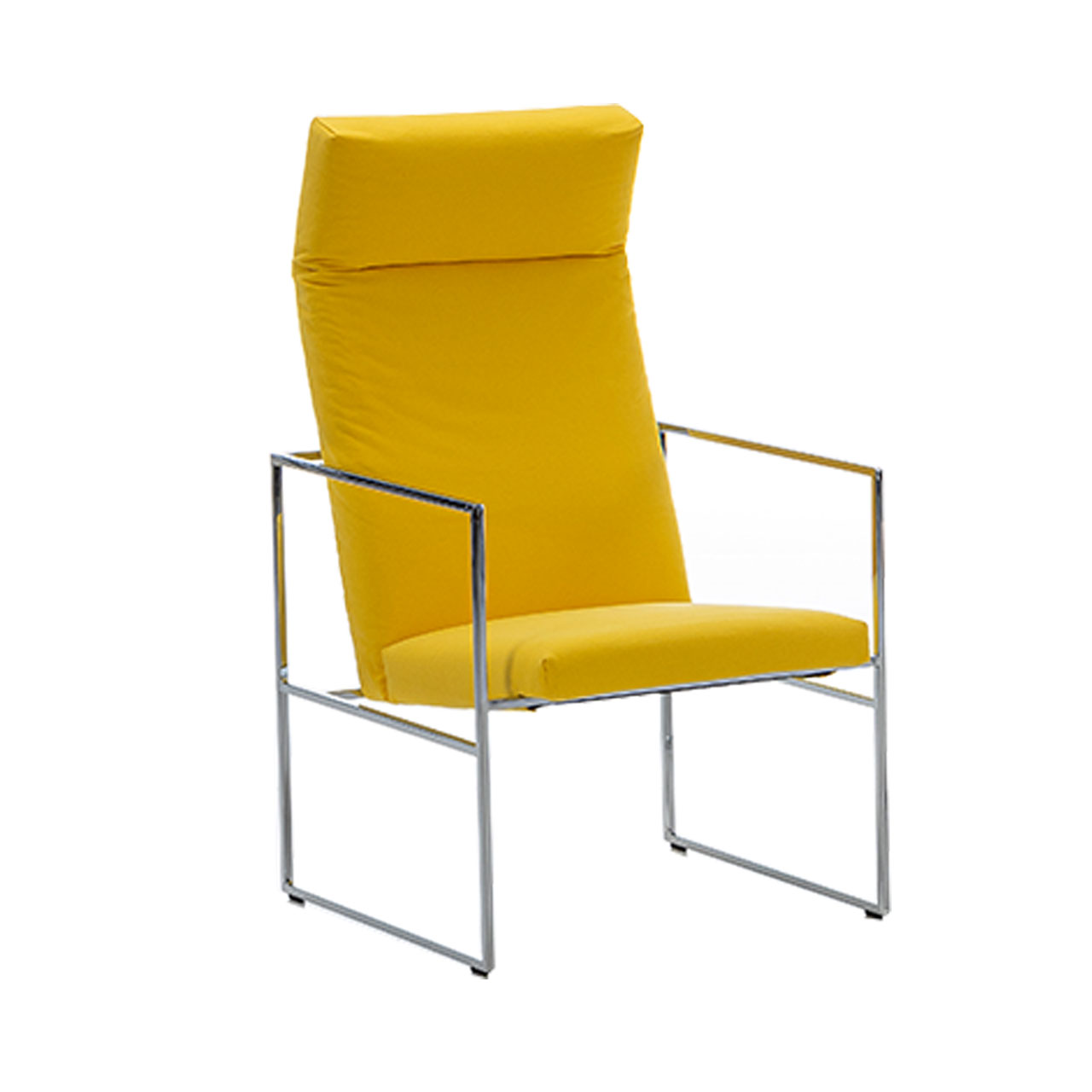 brühl grace metal 68014 Ein Hochlehnsessel mit einem Untergestell aus chrom glänzenden Metall. Die Sitzfläche und die Rückenlehne sind mit gelbem Stoff bezogen.