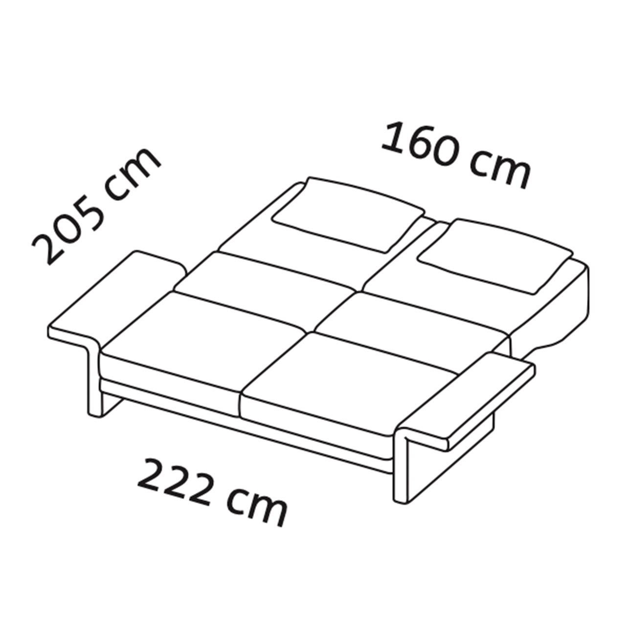 Maßzeichnung für das ausgeklappte Gästebett cara 48416.