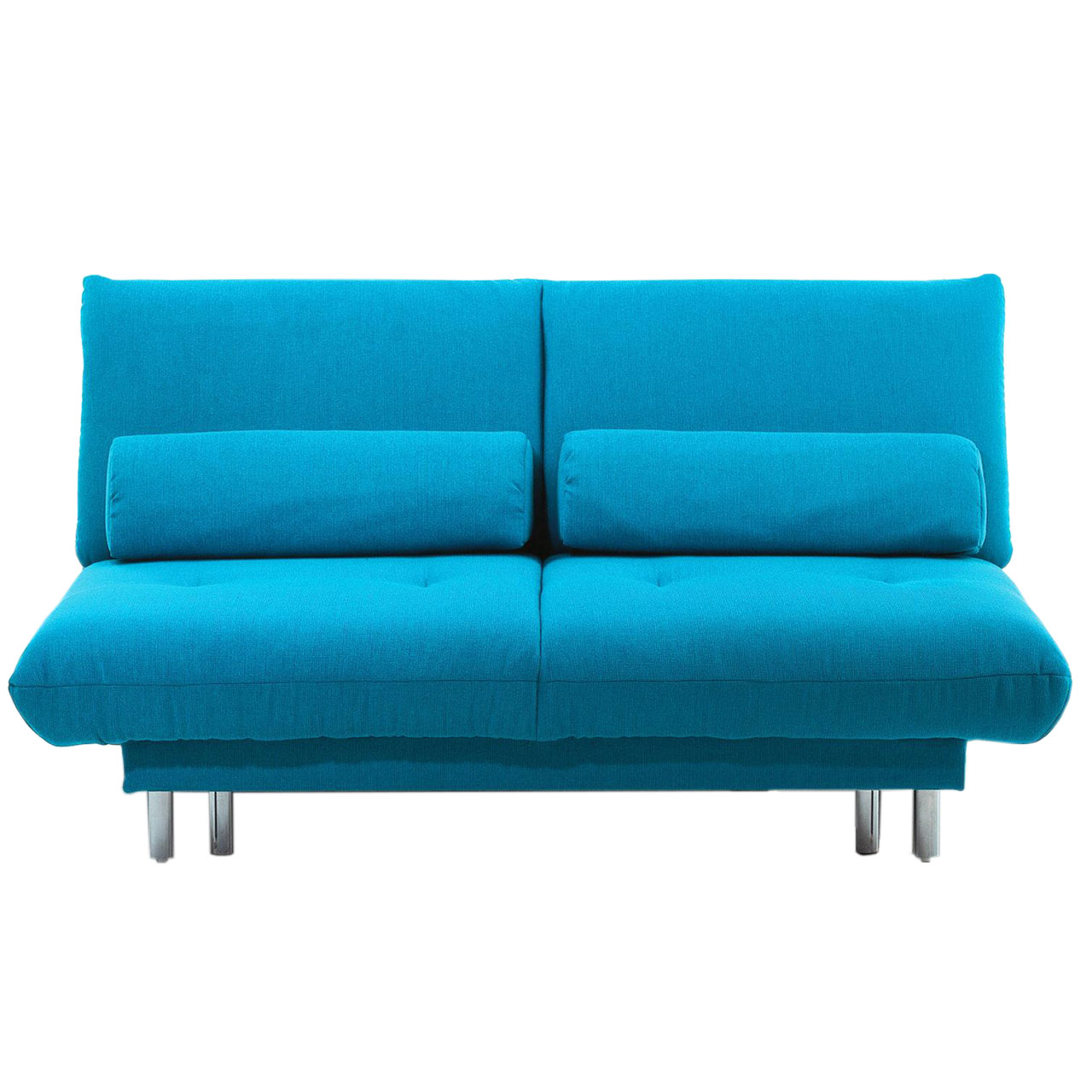 brühl quint 31616 / 31617 Frontansicht auf ein türkisfarbenes Sofa ohne Armlehnen. Das. Untergestell ist chrom matt. Die schmalen, langen Rückenkissen sind in demselben türkis.