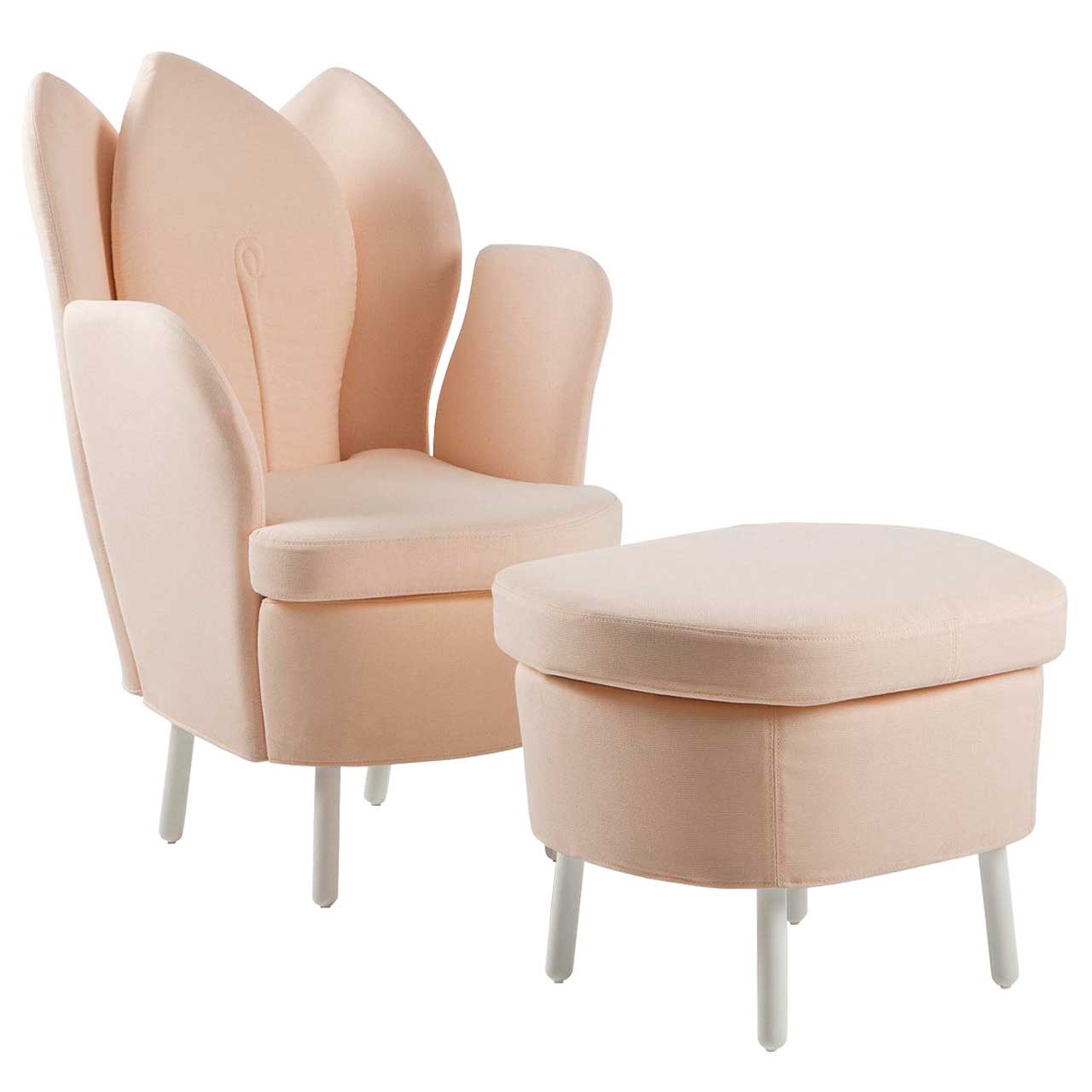 brühl morning dew - Hocker 61061 Pastell-rosa Sessl mit passendem Hocker mit weißen Beinen. Der Sessel hat eine floral geformte Rückenlehne.