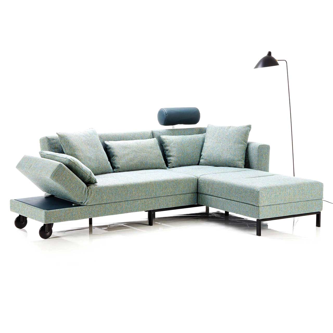 Four-two-ecke-Ablage Eckgarnitur in hellgrünem Stoff mit schwenkbarem Longchair links.