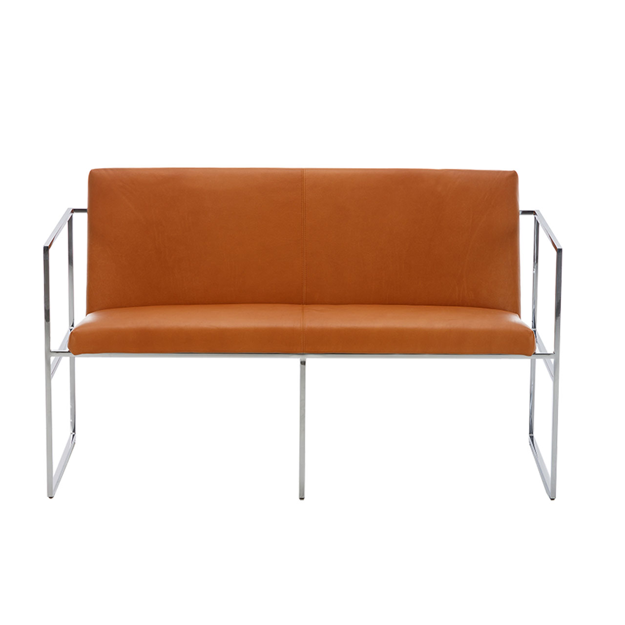 brühl grace metal 68009 Ein graziles Sofa mit einem filigranen Untergestell aus chrom glänzenden Metall. Sitz- und Rückenfläche sind mit rotbraunem Leder bezogen.