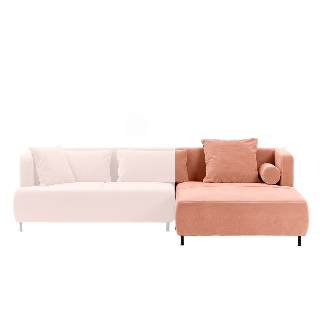 Longchair mit einem quadratischen Kissen und einer Kissenrolle in einem pfirsischfarbenen Stoff.