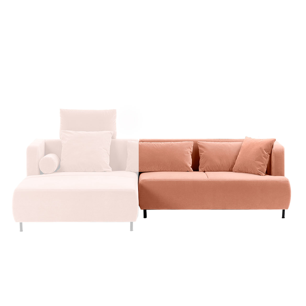 Anstellsofa mit Armlehne rechts in einem pfirsischfarbenen Stoff.