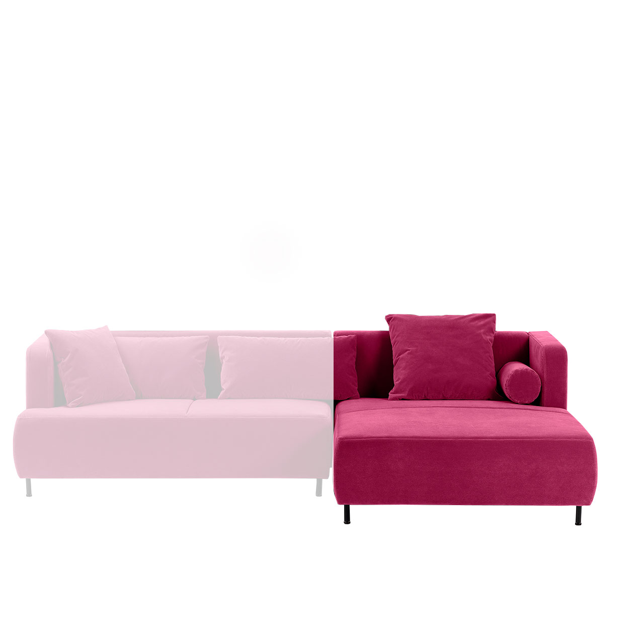 Longchair mit einem quadratischen Kissen und einer Kissenrolle in einem roten Stoff.