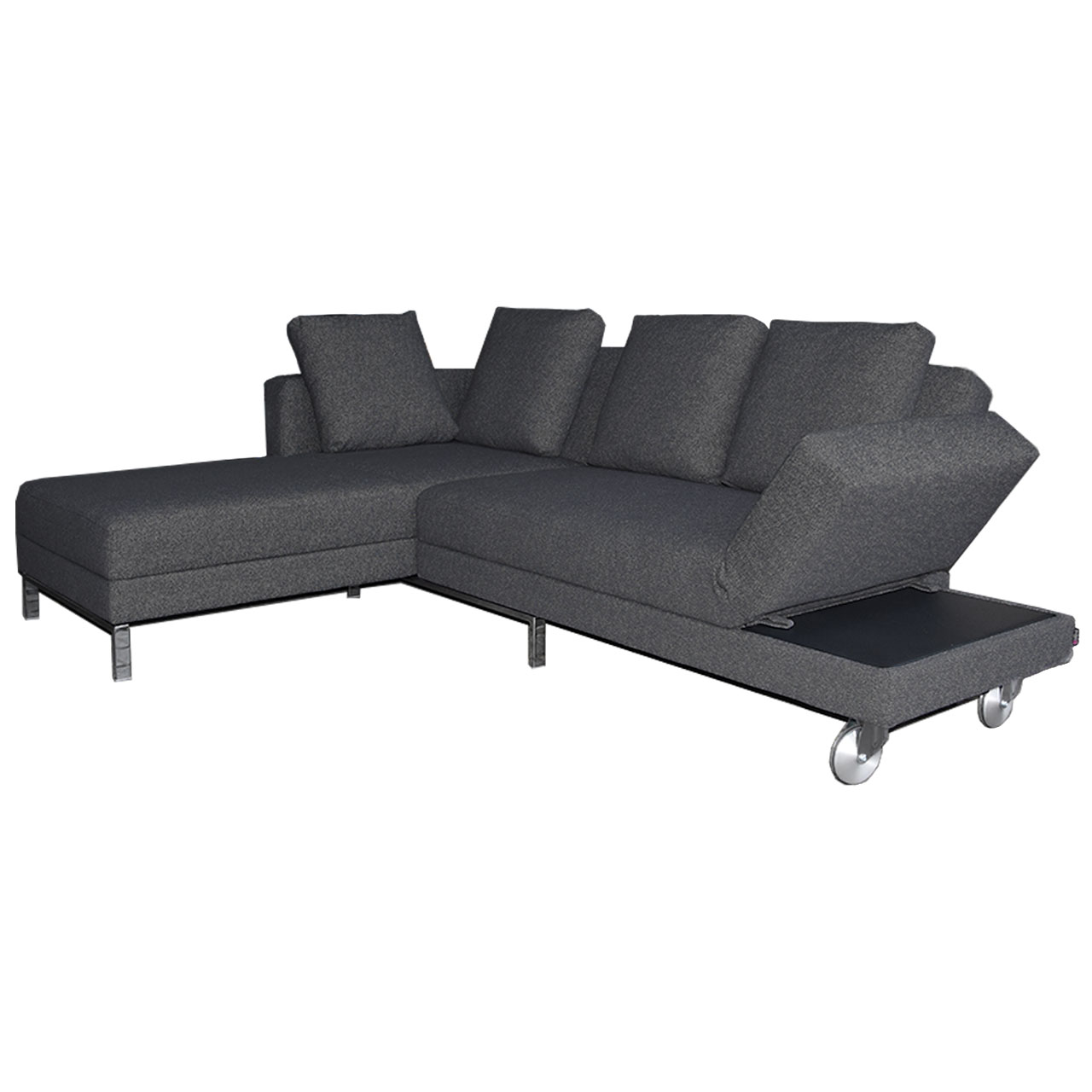 Ecksofa in dunkelgrauem Stoff.