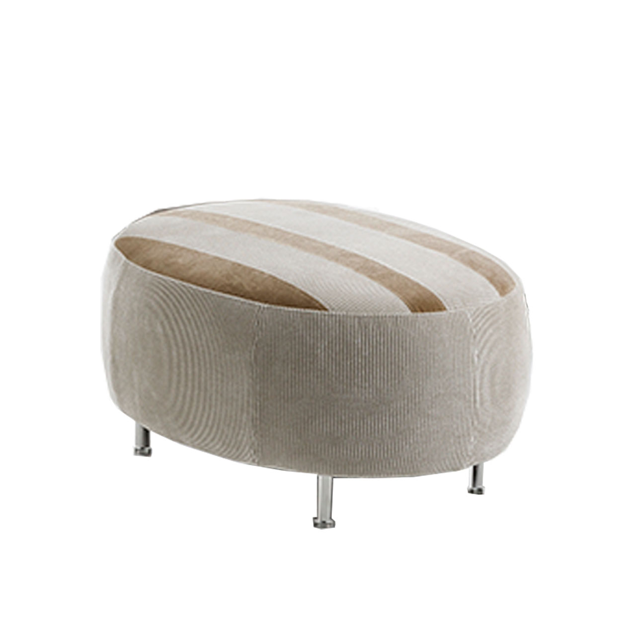 brühl aoyama 75061 Ovaler Hocker. Die Sitzfläche ist zweifarbig gestreift in beige und einem braunen Stoff gearbeitet.